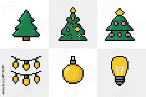 Pixel holiday elements, evergreen trees trio, hanging string lights, golden ornament, glowing bulb icon, clean grid vector pack