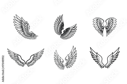 Set of Angel Wings Collection with Feathers – Black and White Tattoo Art