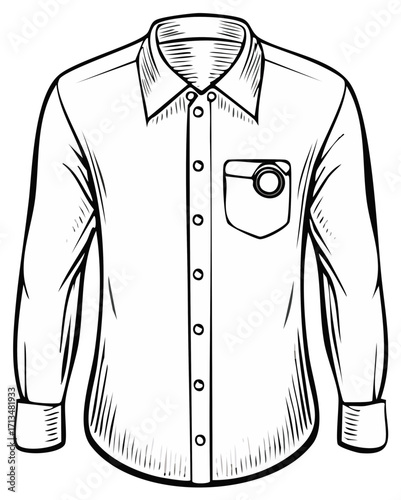 Detailed line art of collared shirt with long sleeves, buttons and pocket with a decorative circle fastener
