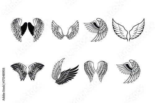 Set of Angel Wings Collection with Feathers – Black and White Tattoo Art