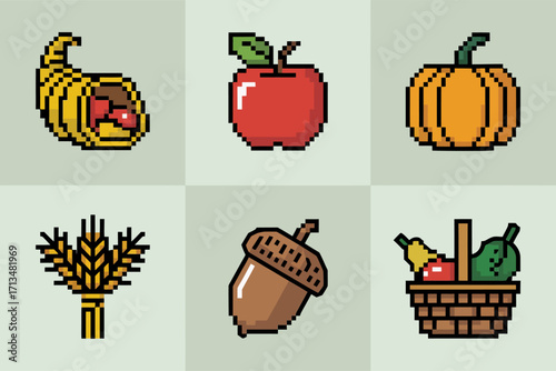 Autumn harvest pixel icons, cornucopia basket, apple and pumpkin, wheat stalk, acorn, farm produce symbols, thanksgiving vector set