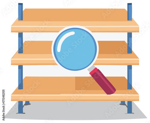 Magnifying glass searching empty storage shelves in a warehouse or store for inventory check