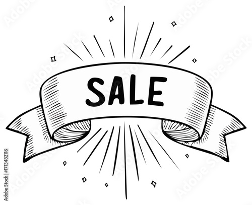 Hand drawn banner with the word Sale and radiating lines and sparks