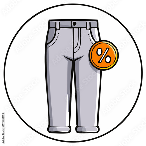 Cartoon illustration of jeans with percentage sign emblem within a circle.