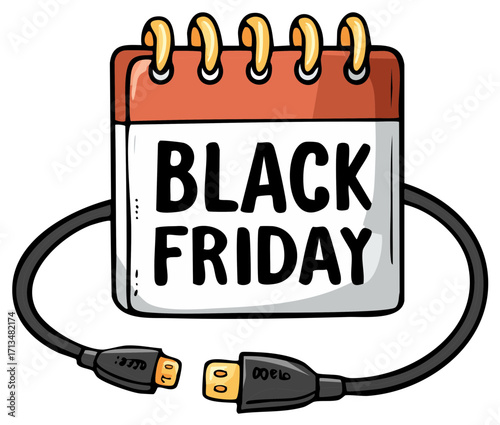 Calendar with Black Friday text connected by USB Cable for online sales promotion and technology connection