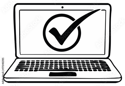 Open Laptop with Check Mark Approval Confirmation Symbol on Screen