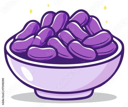 Bowl overflowing with purple beans, a healthy and tasty vegetarian side dish, studio shot