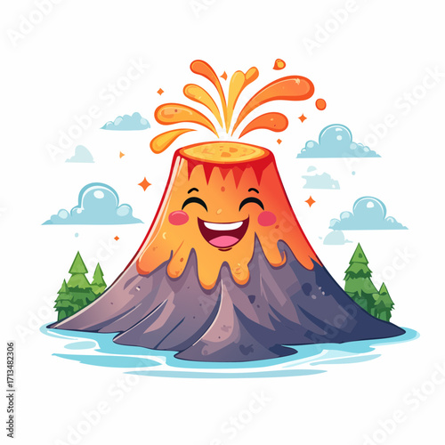 Adorable smiling volcano character erupting with joy, a cute and happy kawaii-style nature mascot illustration isolated on a white background