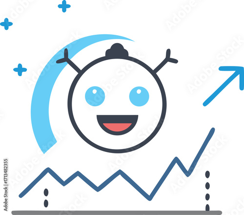 Happy ai bot character with upward trend graph and sparkle effects vector
