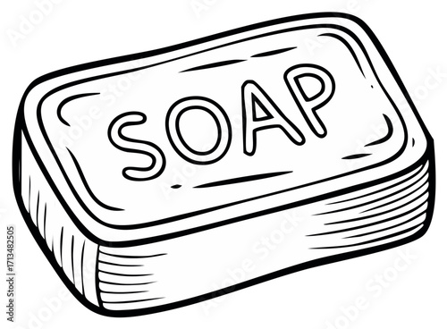 Hand drawn illustration of soap bar with soap lettering for washing and cleansing hygiene routine vector