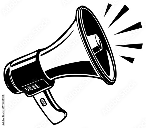 Classic black and white megaphone with sound waves, symbolizing public announcement and loud communication.