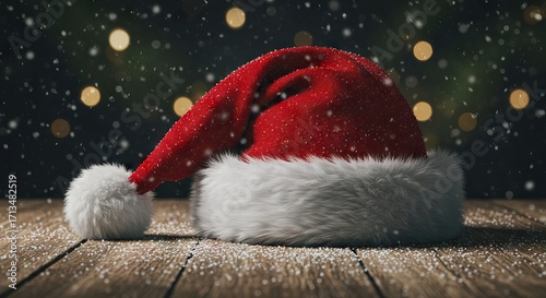 Santa hat on wooden table snow falling bokeh lights