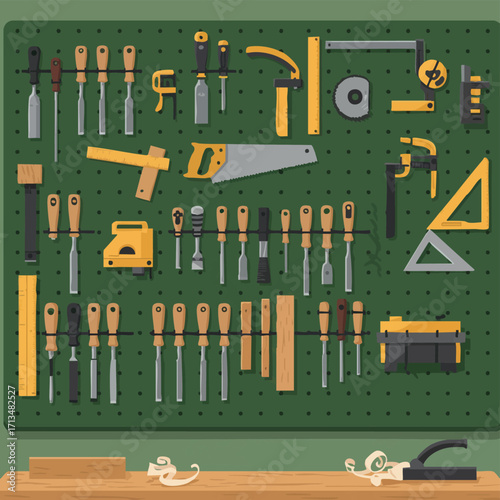 An organized pegboard displays a comprehensive collection of essential woodworking tools, including chisels, saws, and measuring instruments, ready for crafting projects.