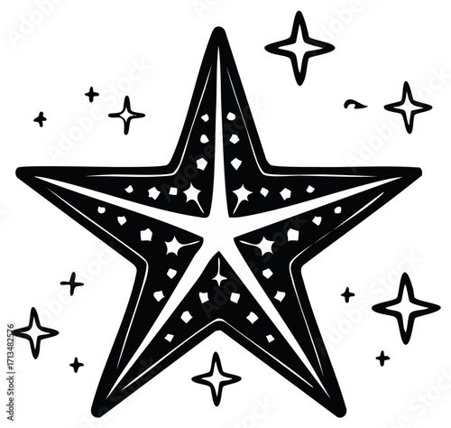 Decorative illustration of a starfish with surrounding stars in a black and white style