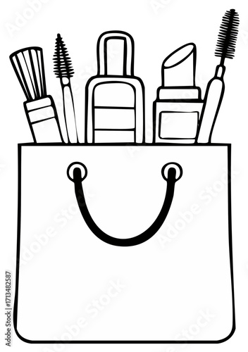 Black and White Illustration of Makeup Items and Shopping Bag
