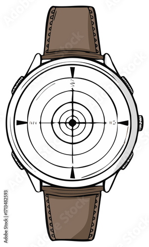 Timepiece with Brown Leather Strap and Compass Design on Watch Face in White