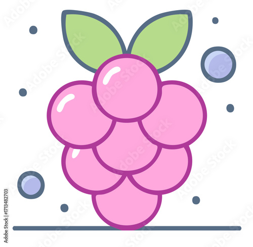 Stylized pink raspberry cluster with green leaves and floating blue dots