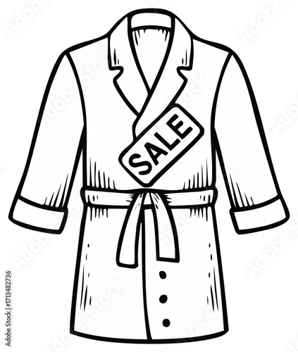 Outline Drawing of Bathrobe with Belt and Sale Tag Clothes Retail Discount