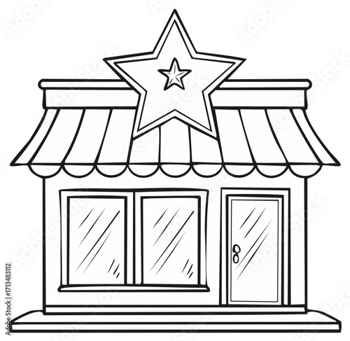Charming shop building with star sign and striped awning black and white line art