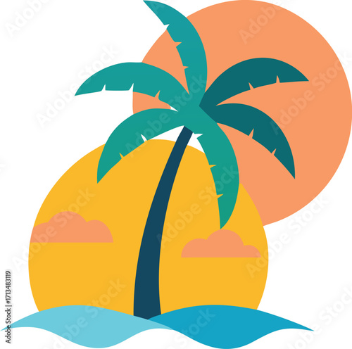 Vibrant tropical palm tree and sunset over gentle ocean waves vector