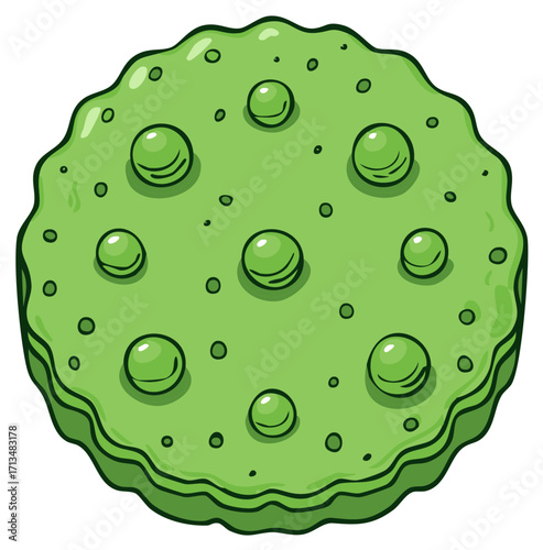 Bright green round candy with glossy bumps and textured surface cartoon illustration