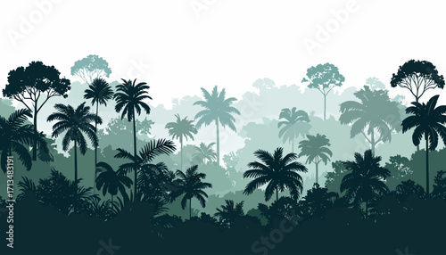 Tropical Rainforest Silhouette Landscape with Palm Trees.