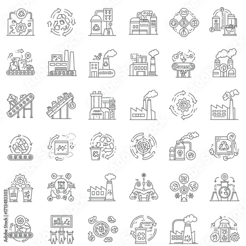 A comprehensive collection of line art icons illustrating various industrial processes, efficient waste management, and environmental sustainability initiatives.