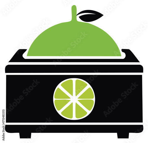 Lime with leaves on stylized box with a slice of lime illustration.