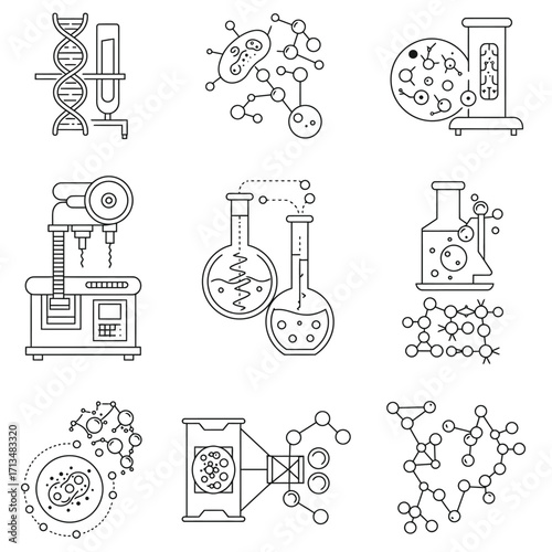 A diverse vector collection of line art icons depicting scientific research, biotechnology, and chemistry laboratory experiments and equipment.