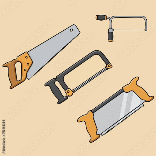 A collection of various hand saws, including a hacksaw, coping saw, and traditional wood saw, essential for carpentry and DIY projects.