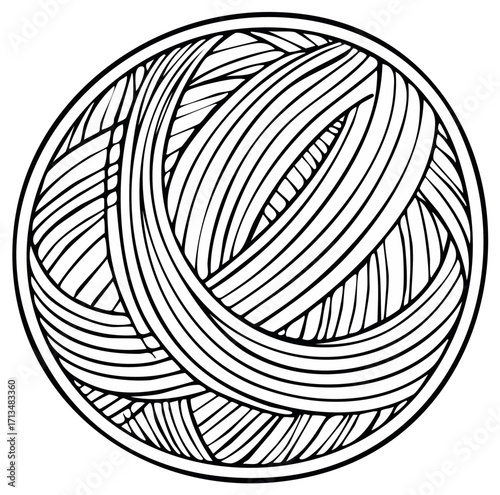 Circular illustration of a ball of yarn and thread.