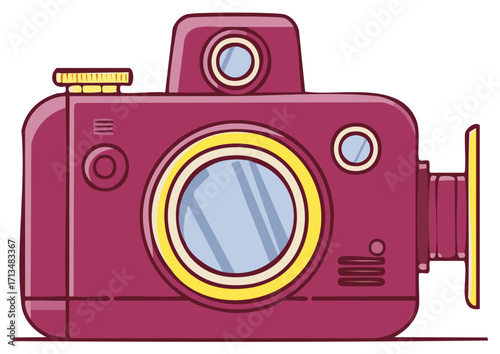 Vibrant maroon camera illustration featuring a round yellow lens and viewfinder design, a whimsical and retro photography concept