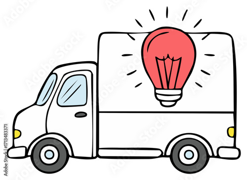 Cartoon Delivery Truck Driving New Ideas and Transporting Innovation with Bright Red Light Bulb on the Back