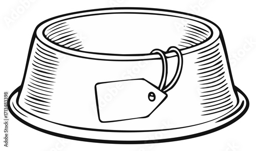 Engraved food bowl with tag label, pet supplies, monochrome line art.