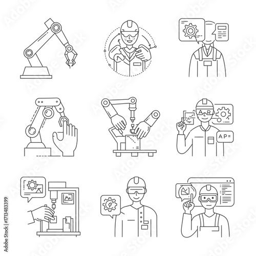 This collection of minimalist line icons visualizes the innovative integration of robotics, augmented reality, and virtual reality in modern industrial automation.