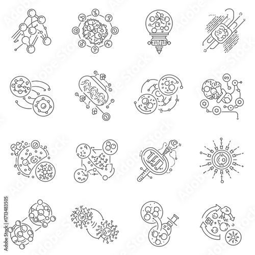 A comprehensive collection of line art icons depicting complex scientific and technological concepts like neural networks, genetic engineering, and molecular structures, illustrating innovation and