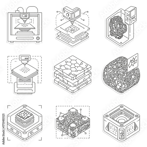 A comprehensive collection of intricate line art icons illustrating the innovative processes of 3D printing, additive manufacturing, and advanced material science.