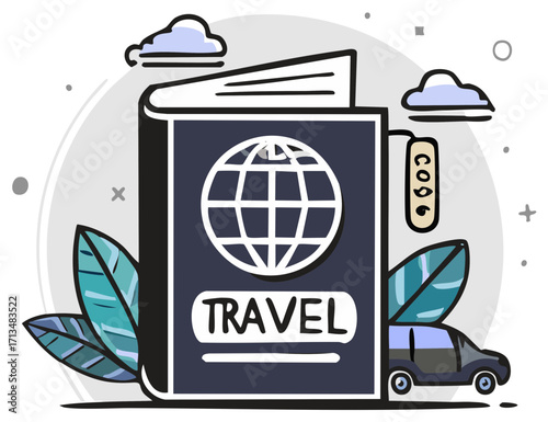 Illustration of a passport with a globe and 'TRAVEL' text, surrounded by clouds, leaves, and a car