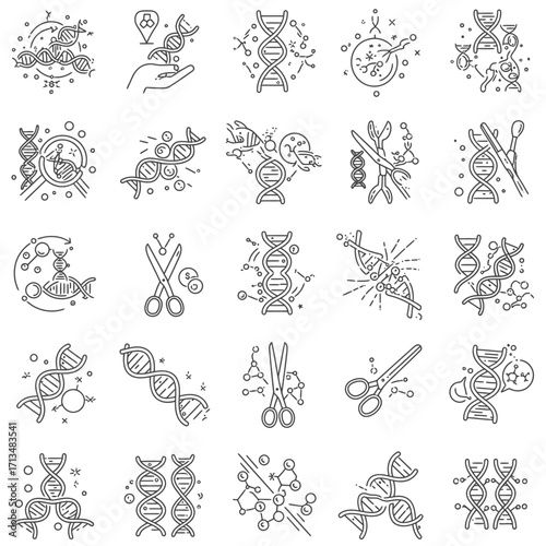 A diverse collection of monochrome line icons visually representing complex concepts in genetics, molecular biology, and cutting-edge biotechnology research.