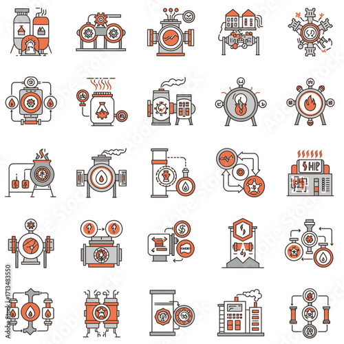 An extensive collection of modern flat design icons illustrating diverse industrial processes, energy production, and manufacturing systems for technological use.