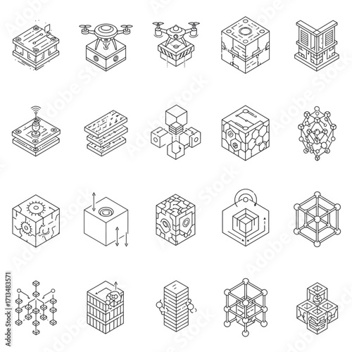 This intricate collection of isometric line art icons visually represents cutting-edge digital technology, data management, and interconnected smart systems.