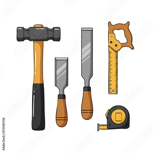 An essential collection of diverse hand tools, featuring a hammer, chisels, a saw, and a measuring tape, ideal for construction and woodworking tasks.