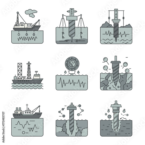 A comprehensive collection of flat line icons illustrating the complex processes of offshore oil and gas exploration, drilling, and extraction operations.