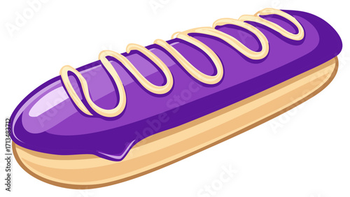 Cartoon eclair with purple glaze and cream decoration, a sweet and colorful pastry dessert
