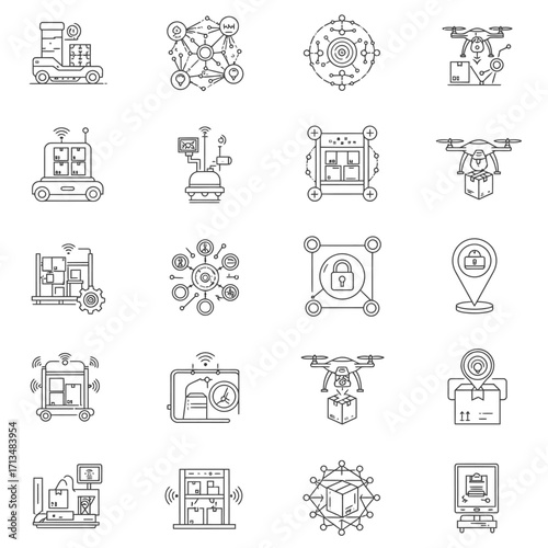 Illustrating modern logistics, this set of minimalist line icons depicts automated warehousing, drone delivery, and smart supply chain management.
