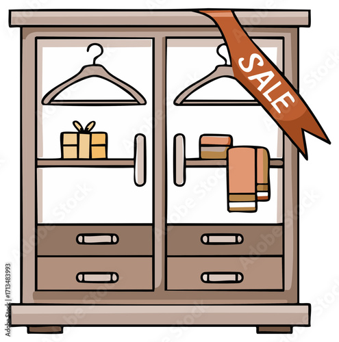 Cartoon wardrobe with clothes sale banner and drawers