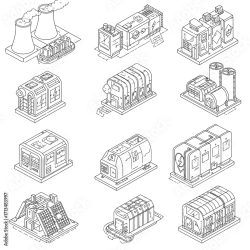 Clean isometric line art illustrations depict a diverse range of industrial buildings, energy production facilities, and technological infrastructure designs.