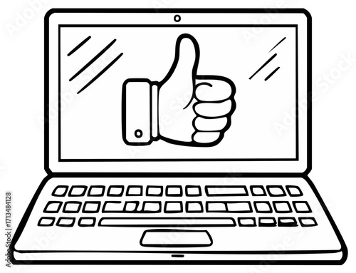 Laptop displaying a thumbs-up symbol, representing approval and positive feedback
