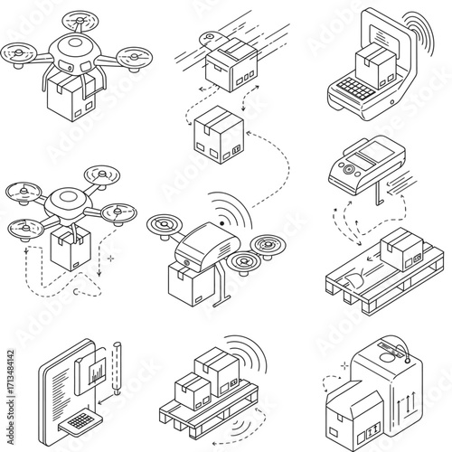This comprehensive illustration showcases modern automated logistics and drone delivery systems, highlighting innovative solutions for efficient package distribution and e-commerce.