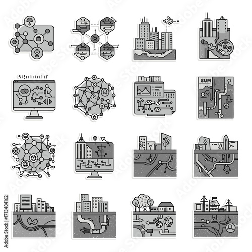 A comprehensive collection of monochrome vector icons illustrating modern technological advancements, urban infrastructure, and complex interconnected digital network systems.